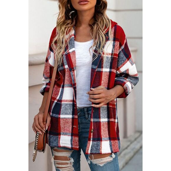 Azura Exchange  Red Hooded Plaid Button Front Shacket - Picture 8 of 8